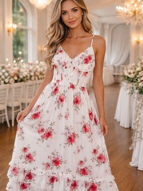 Floral Spaghetti-Strap Maxi Dress - White with Red Flowers Size M Graduation $65
